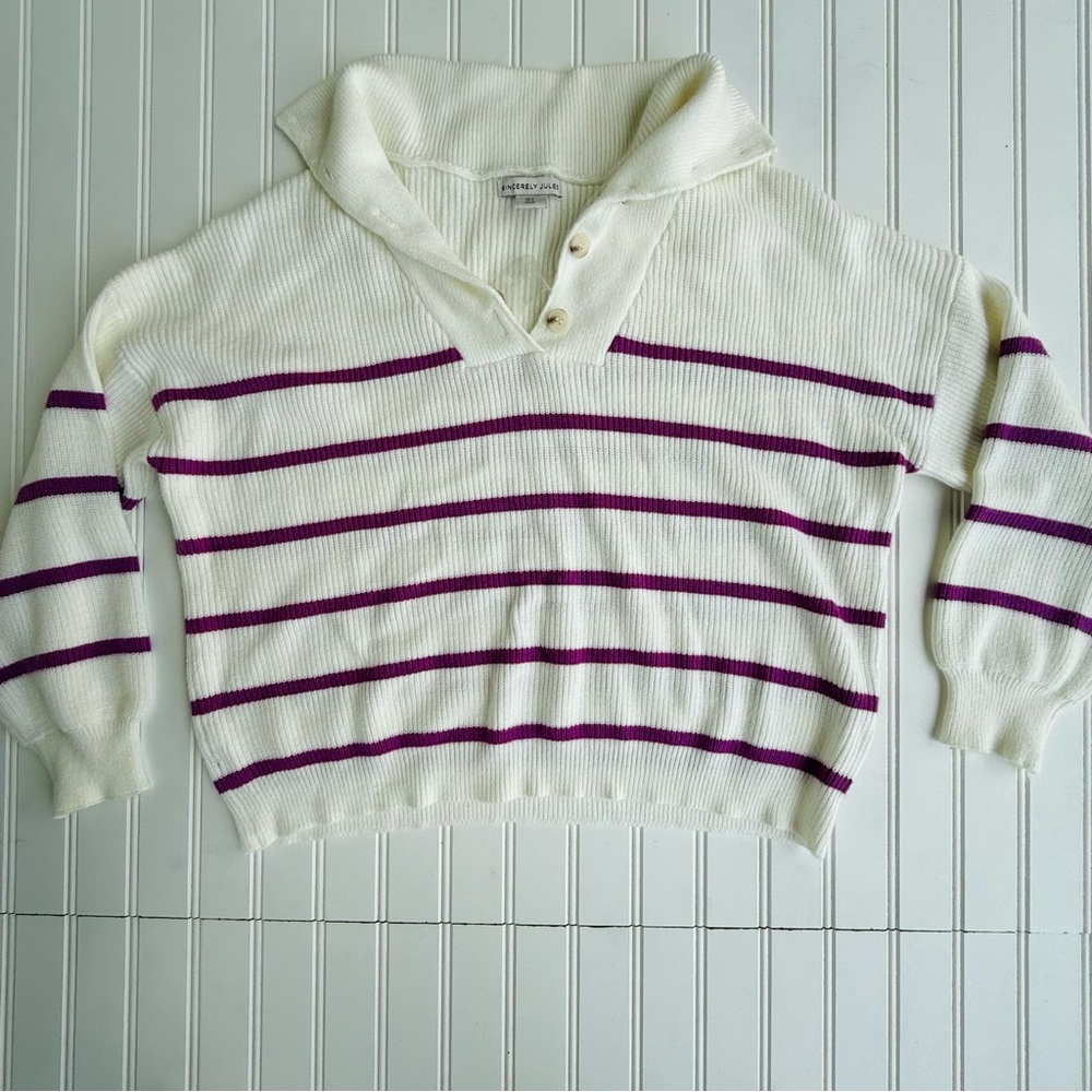 Sincerely Jules Ivory and Purple Ribbed Sweater